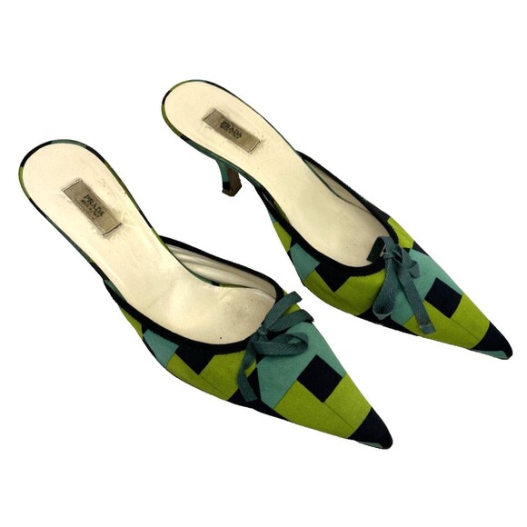 Prada Shoes - VTG Prada Mules Sz 35.5 Satin Geometric Blue Green Kitten Heels Bow Accent RARE!